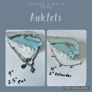 Pair of anklets one gold one silver, triple-chain layered